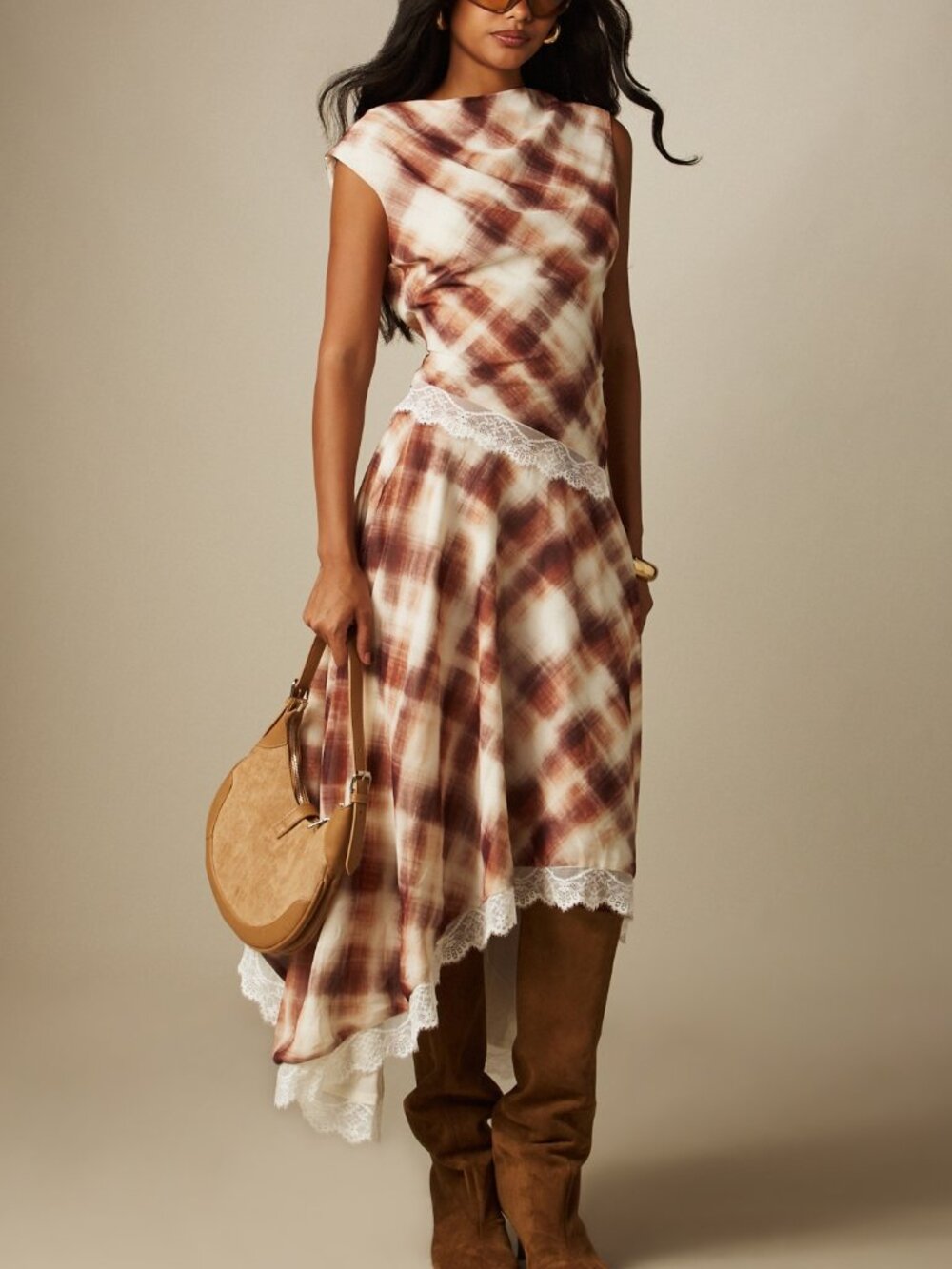 Multicolor Elegant Women's Watercolor Plaid Print Top And Midi Skirt
